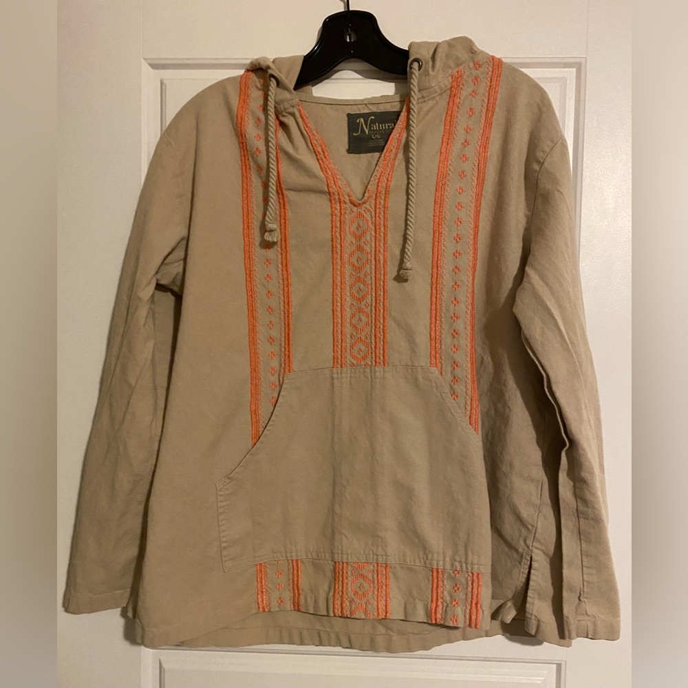 Vintage Natural Reflections Khaki Embroidered Cotton Boho Hoodie Ladies Large